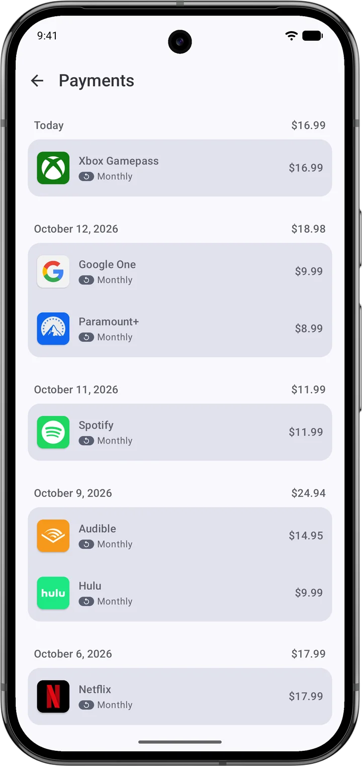 ReSubs app showing upcoming payments grouped by date